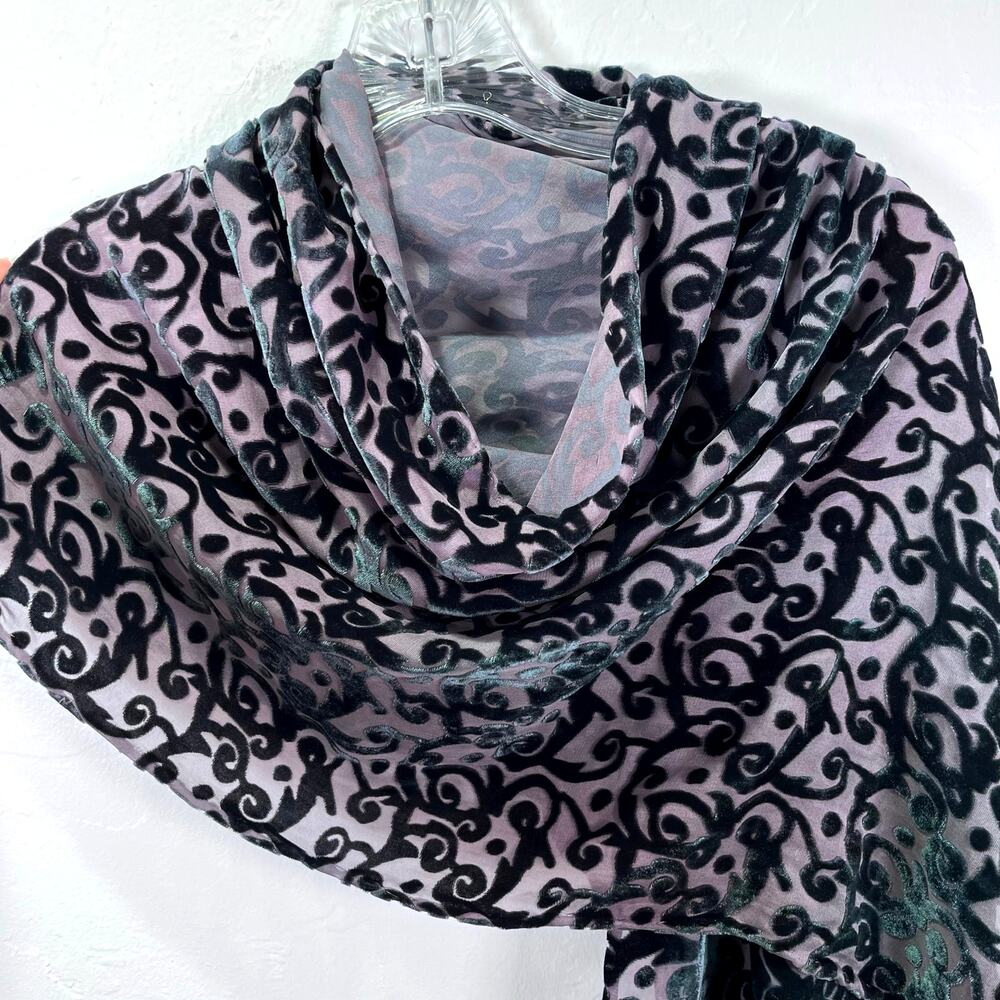 Velvet Filigree Black Purple Fringe Scarf Wrap 66 in. Whimsygoth Gothic Romantic